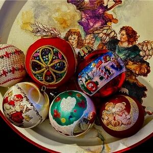 Assortment of Vintage Festive Ornaments Set - Red and Multicolor